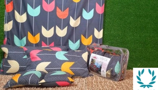 Cotton Blend 5pcs Bedding Setwith One double bedsheet with 2 Quited Pillow Covers and 2 Quilted Cushions - Queen Size, Cotton Blend, 3d Printed, 5pcs of 1 Pack